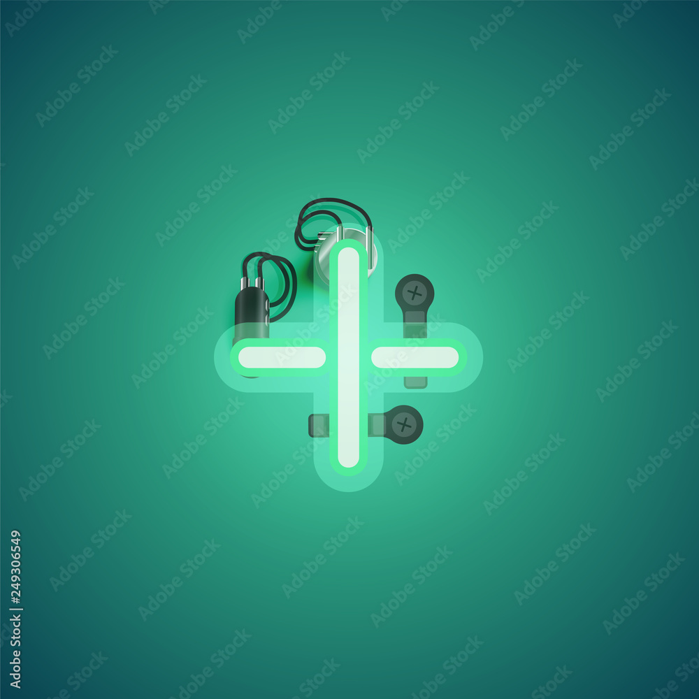 Green realistic neon character with wires and console from a fontset, vector illustration Green realistic neon character with wires and console from a fontset, vector illustration