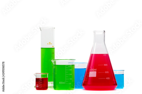 laboratory glassware filled with colorful liquid. Isolated on white.