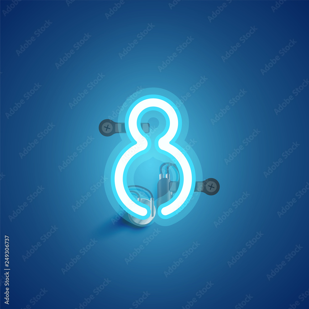 Blue realistic neon character with wires and console from a fontset, vector illustration Blue realistic neon character with wires and console from a fontset, vector illustration