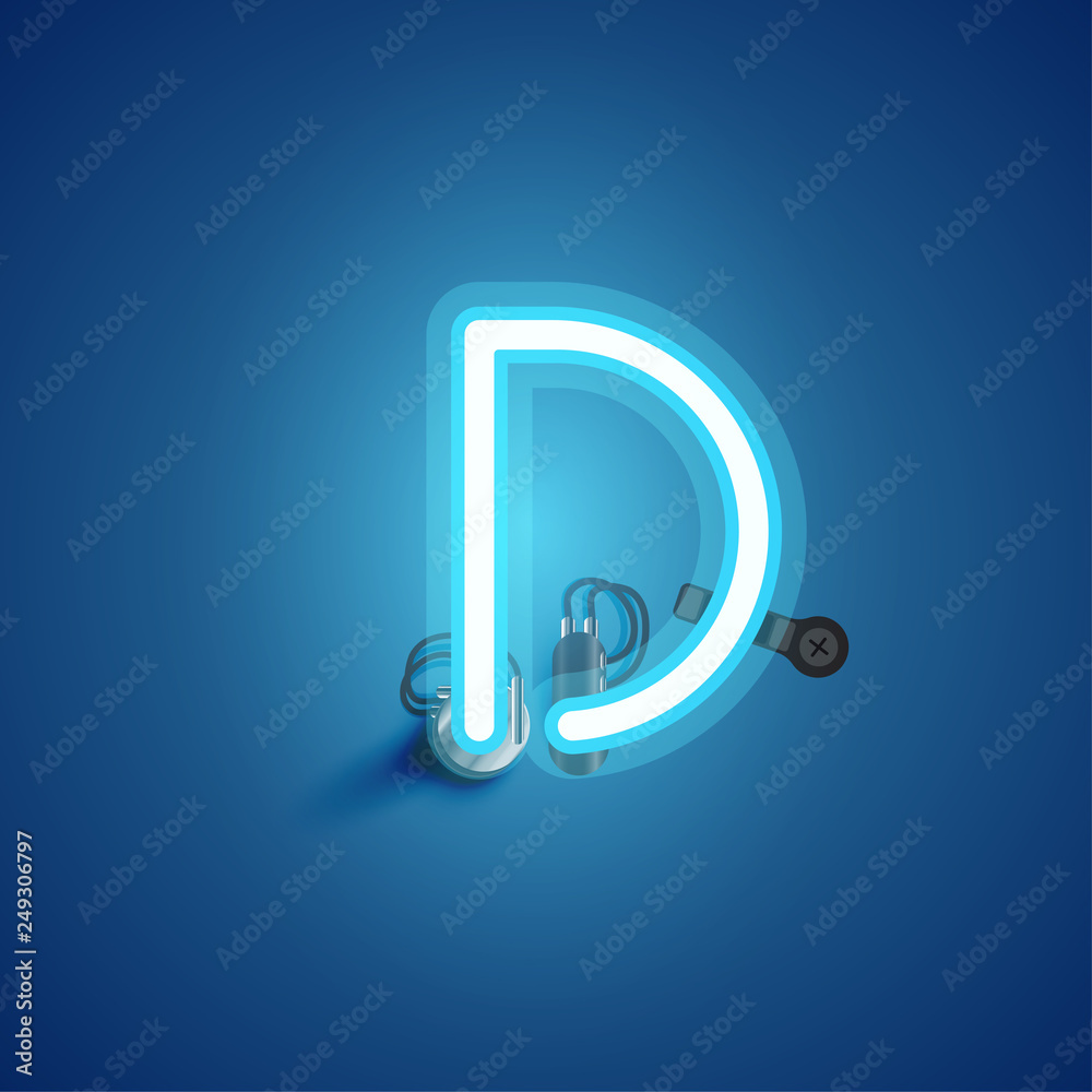Blue realistic neon character with wires and console from a fontset, vector illustration Blue realistic neon character with wires and console from a fontset, vector illustration