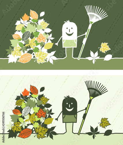 Cartoon black or white people - gardener and autumn leaves