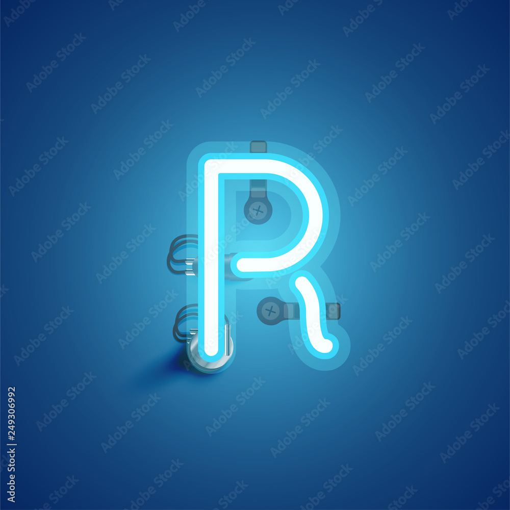 Blue realistic neon character with wires and console from a fontset, vector illustration Blue realistic neon character with wires and console from a fontset, vector illustration