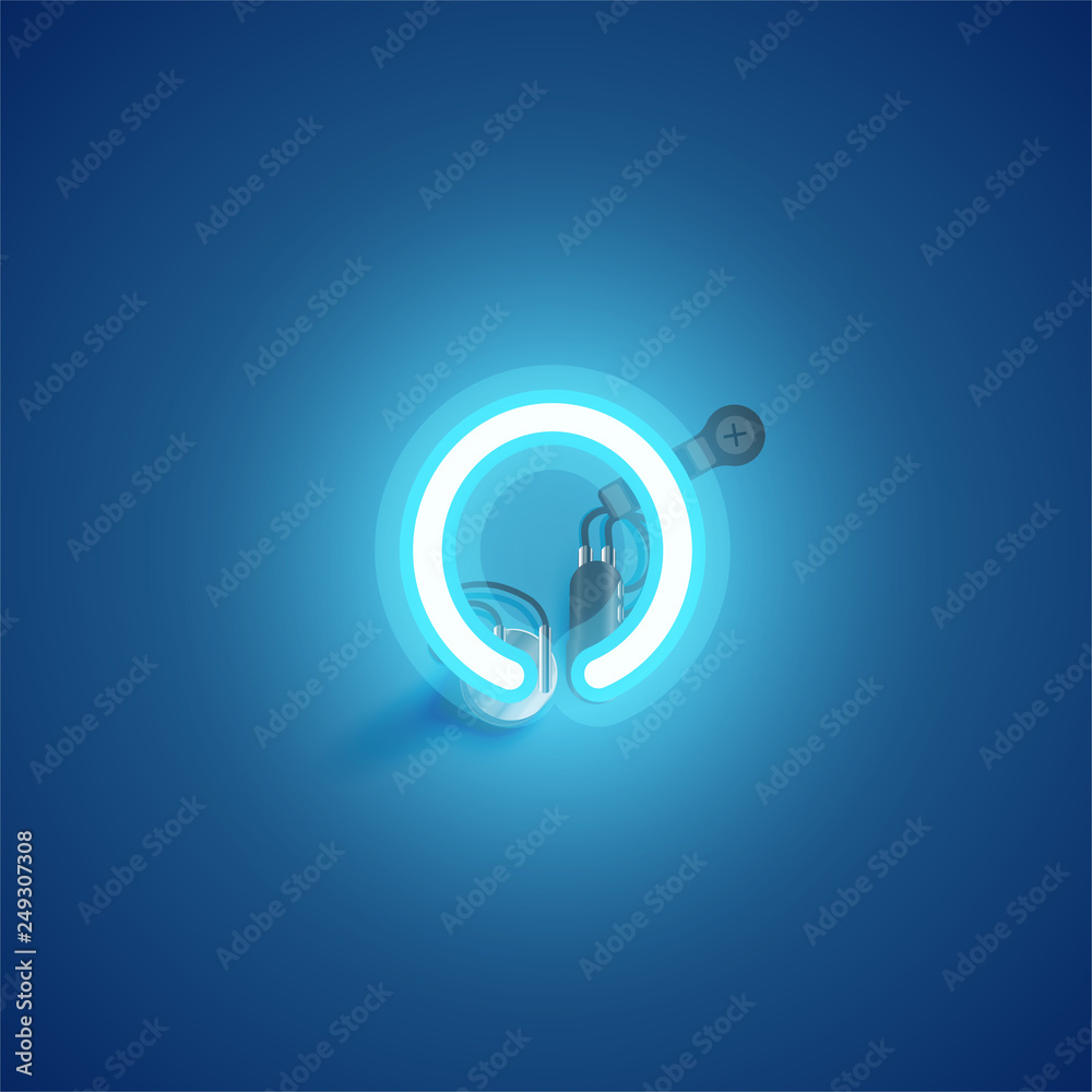 Blue realistic neon character with wires and console from a fontset, vector illustration Blue realistic neon character with wires and console from a fontset, vector illustration