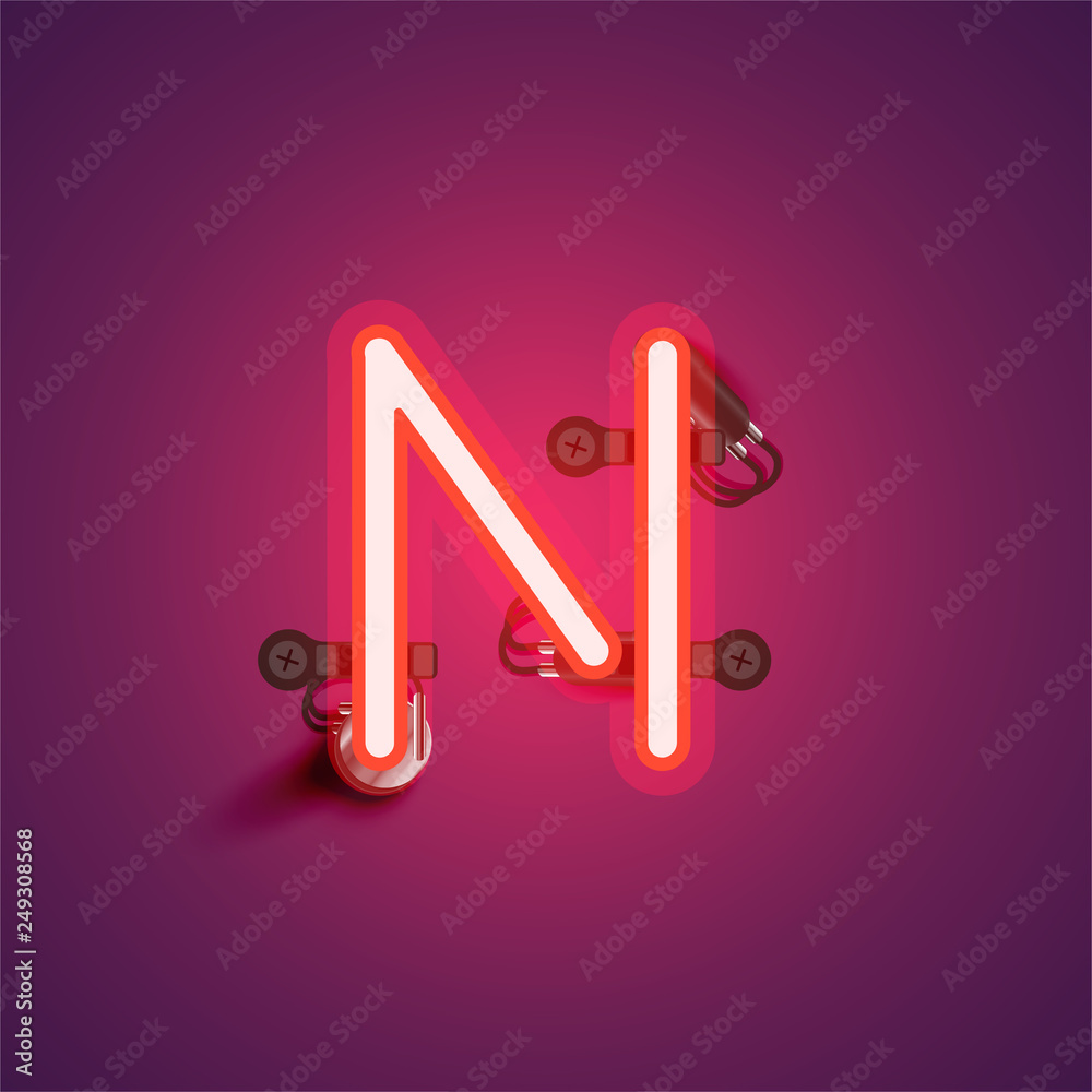 Red realistic neon character with wires and console from a fontset, vector illustration Red realistic neon character with wires and console from a fontset, vector illustration