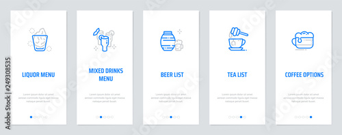 Liquor menu, Mixed drinks menu, Beer list, Tea list, Coffee options Vertical Cards with strong metaphors.