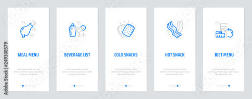 Meal menu, Beverage list, Cold snack, Hot snack, Diet menu Vertical Cards with strong metaphors.