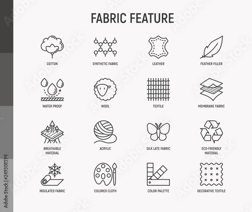 Fabric feature thin line icons set: leather, textile, cotton, wool, waterproof, acrylic, silk, eco-friendly material, breathable material. Modern vector illustration. photo