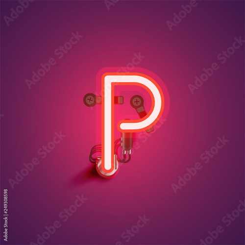 Red realistic neon character with wires and console from a fontset, vector illustration