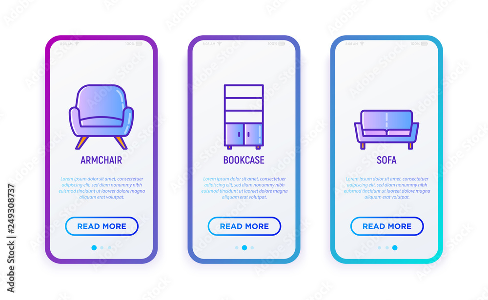 Furniture thin line icons set: sofa, armchair, bookcase. Elements of interior. Vector illustration. Furniture thin line icons set: sofa, armchair, bookcase. Elements of interior. Vector illustration.