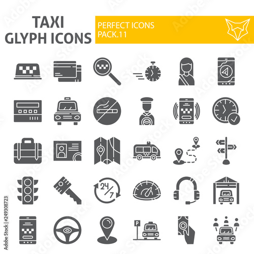 Taxi glyph icon set, car symbols collection, vector sketches, logo illustrations, cab signs solid pictograms package isolated on white background.
