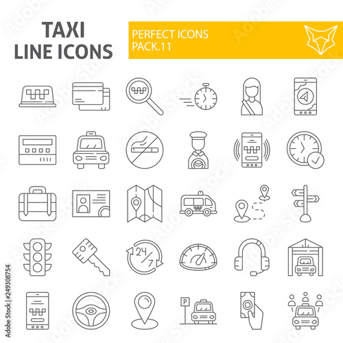Taxi thin line icon set, car symbols collection, vector sketches, logo illustrations, cab signs linear pictograms package isolated on white background.