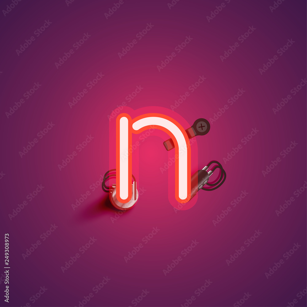 Red realistic neon character with wires and console from a fontset, vector illustration Red realistic neon character with wires and console from a fontset, vector illustration