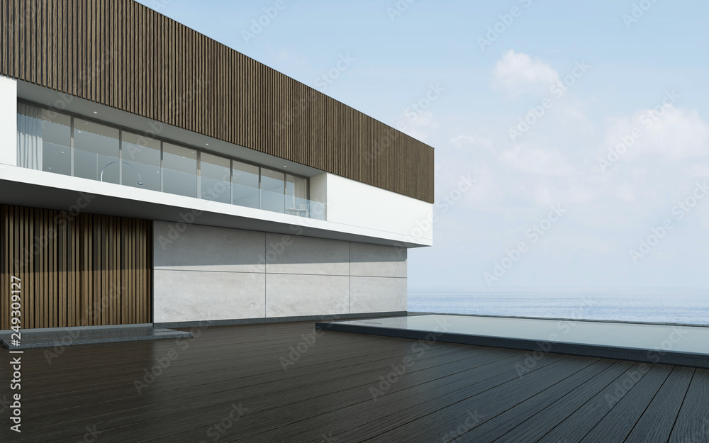 Obraz premium Perspective of modern building with terrace and swimming pool on sea view background,Idea of family vacation,minimal architecture design. 3D rendering.