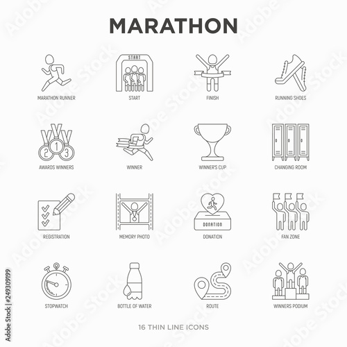Marathon thin line icons set: runner, start, finish, running shoes, bottle of water, route, award, changing room, memory photo, donation, fan zone. Vector illustration.