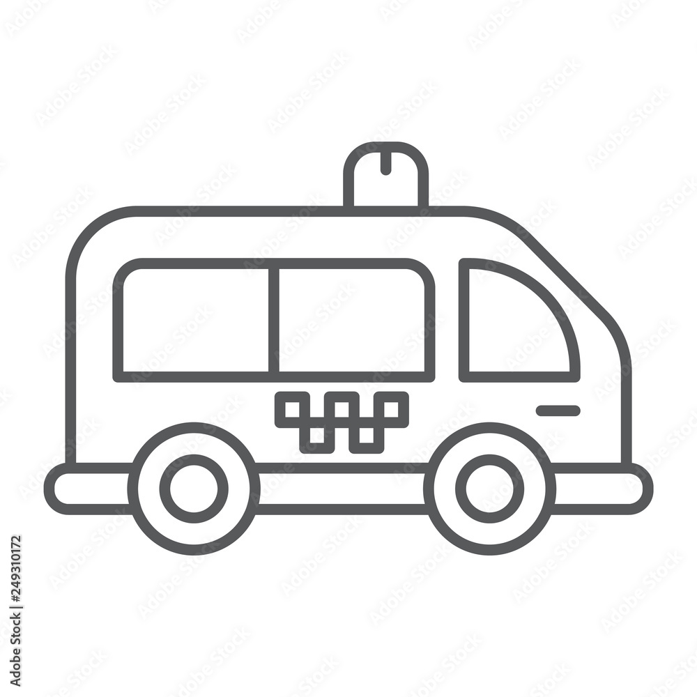 Mini bus thin line icon, automobile and car, minivan sign, vector graphics, a linear pattern on a white background.