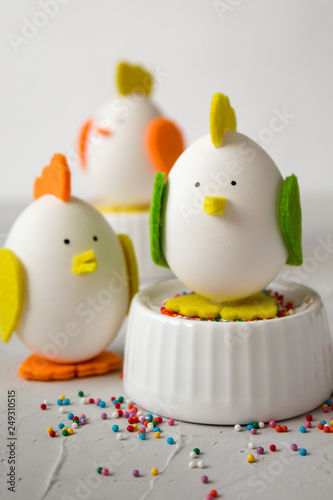 Easter holiday concept with handmade chickens from eggs