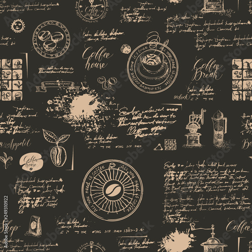 Vector seamless pattern on the coffee theme with a various coffee symbols, blots and inscriptions on a background of old manuscript in retro style. Can be used as wallpaper or wrapping paper