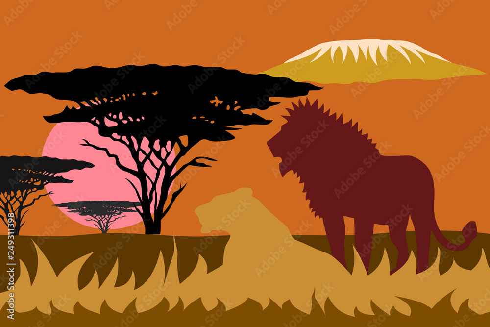 Africa landscape with lions sunset and Kilimanjaro