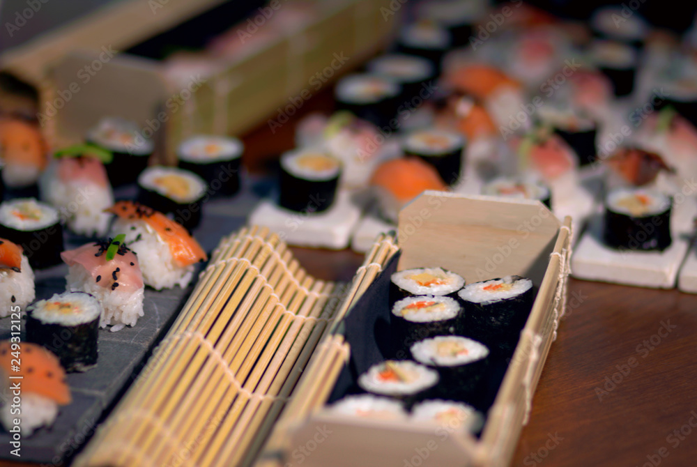 Overhead japanese sushi food. Maki ands rolls with tuna, salmon, shrimp. Eat menu nigiri.