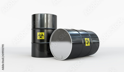 3D render of a couple of steel barrels with radioactive or hazardous material