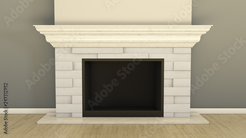 3D render of a fireplace with a marble base and mantle photo