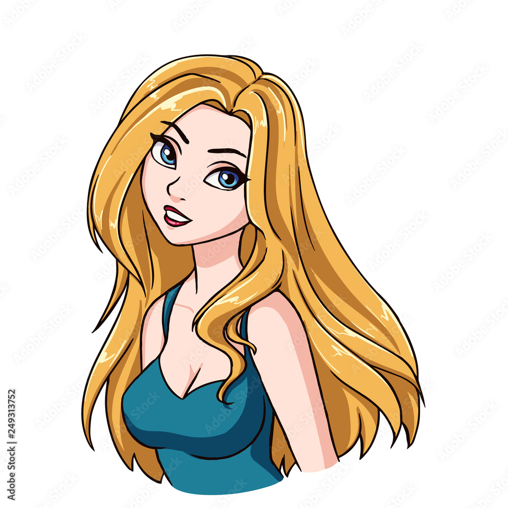 Beautiful cartoon smiling girl portrait. Long blonde hair, big blue eyes,  blue shirt. Stock Vector | Adobe Stock