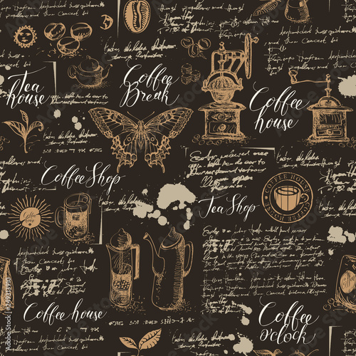 Vector seamless pattern on tea and coffee theme in retro style. Various coffee symbols, butterfly, blots and inscriptions on a background of old manuscript. Can be used as wallpaper or wrapping paper