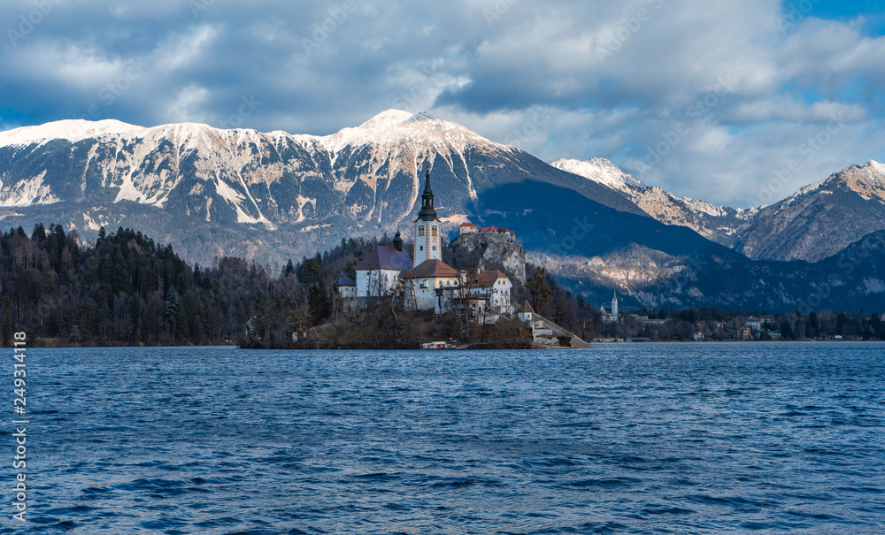 winter landscape on Bled lake. Slovenija most famous landmark. Tourist attraction. Scenic landscape, Amazing romantic place