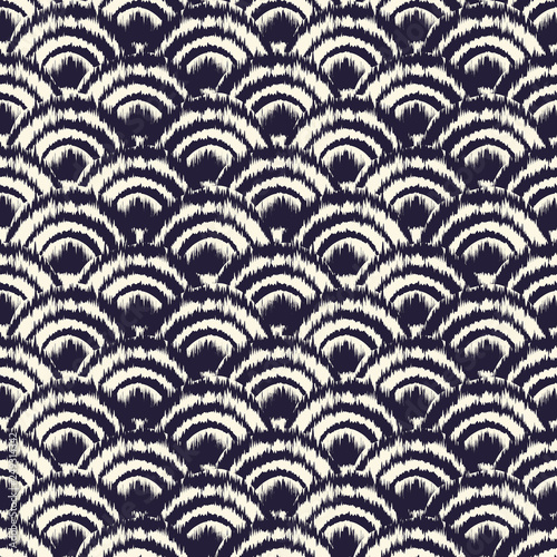 Monochrome dyed effect tribal wave background inspired by Japanese traditional Seigaiha designs and Ikat dyeing technique.