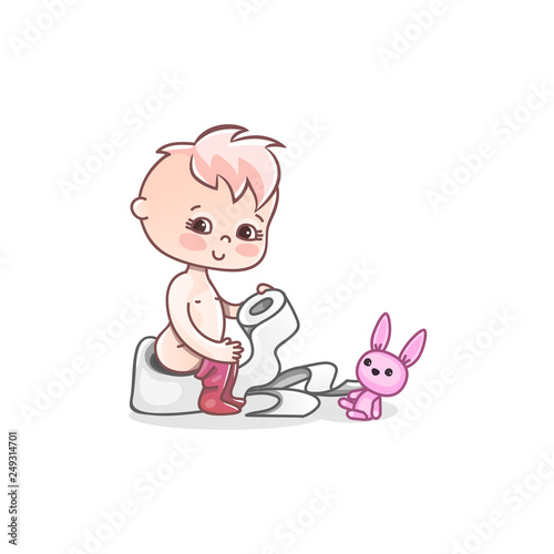 The baby is sitting on the pot. Toilet baby. Vector illustration in cute cartoon style.
