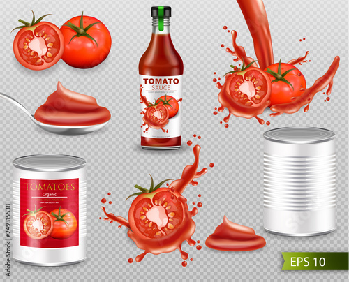 Tomatoes Vector realistic set with splash, ketchup bottle, canned metallic tin. Label design template. 3d detailed illustrations