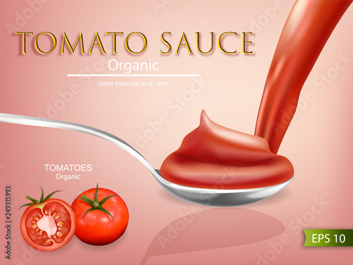 Tomato sauce vector realistic mock up. Product placement. Label design. Detailed banner 3d illustrations
