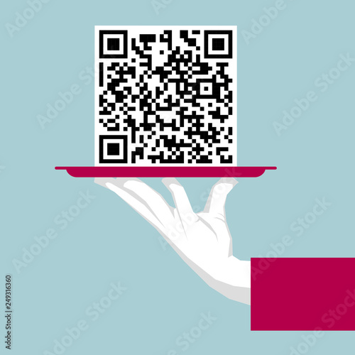 Hand lifting tray, QR Code in the tray.Isolated on blue background.