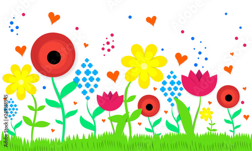 Paper spring background. Colorful beautiful flowers on white background. Vector illustration. - Vector