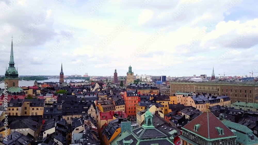 beautiful high view of Stockholm buildings rooftops, Sweden. Gamla stan old town.