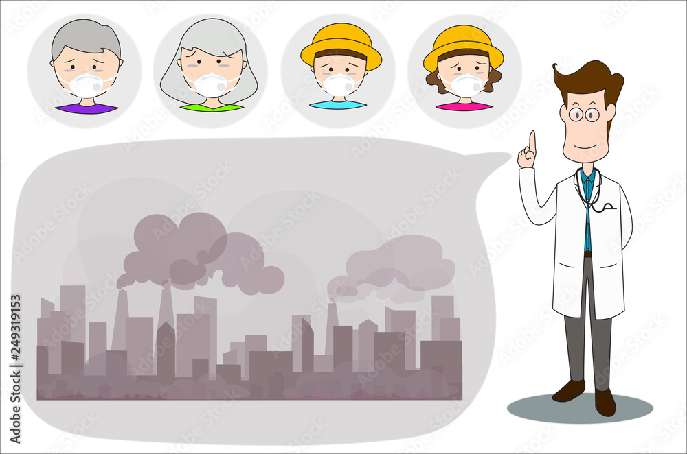 The male doctor stands to explain air pollution in the city toxic smoke exceeds the standard. Concept flat style vector illustration environmental impact. -EPS10 The male doctor stands to explain air pollution in the city toxic smoke exceeds the standard. Concept flat style vector illustration environmental impact. -EPS10