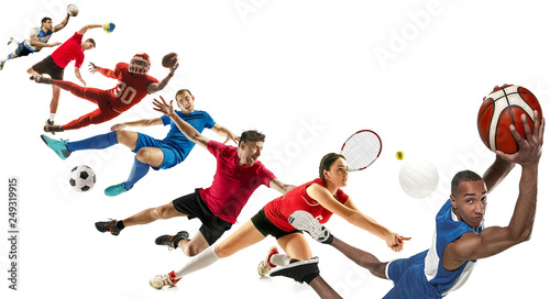 Attack. Sport collage about soccer, american football, basketball, volleyball, tennis, rugby, handball players with balls isolated on white background with copy space