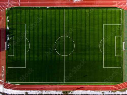 Aerial view of soccer field. Aerial shot of football stadium.