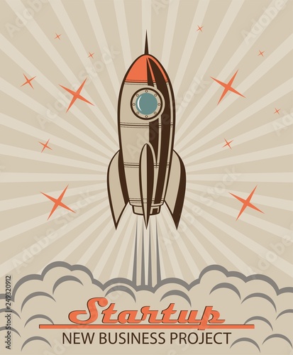 The rocket soars up to the stars. Color illustration in vintage style.