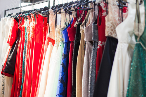 Stand with a colorful evening dresses.