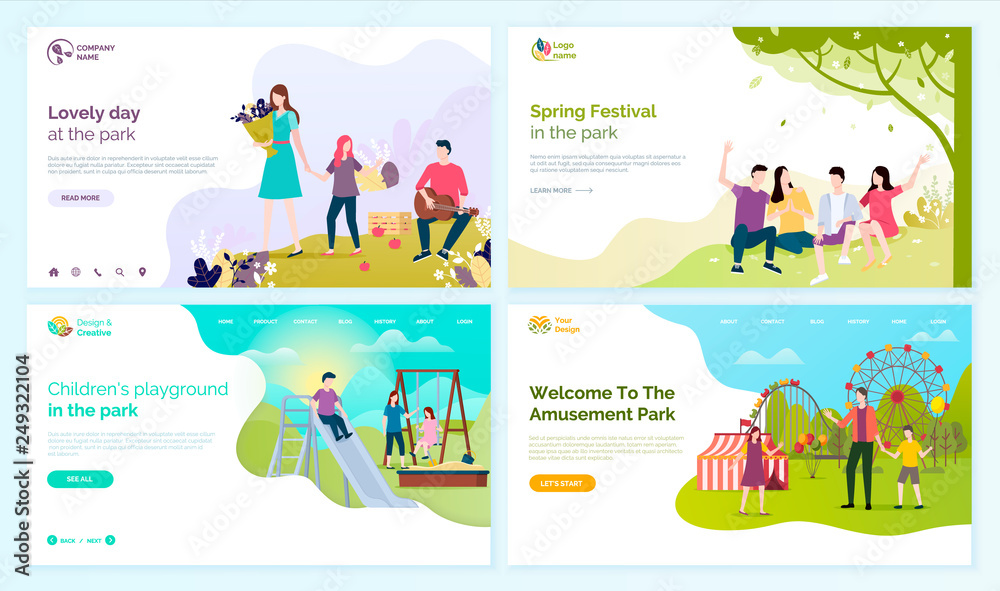 Lovely day at park, spring festival, children playground and welcome to amusement festival vector cartoon people web pages, entertainment outdoors. Website or webpage template landing page in flat Lovely day at park, spring festival, children playground and welcome to amusement festival vector cartoon people web pages, entertainment outdoors. Website or webpage template landing page in flat