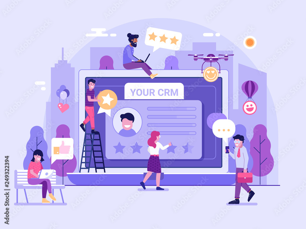Customer relationship management platform concept with happy clients leaving positive feedback. CRM service page gathering positive user experience on database. Advertising and marketing illustration.