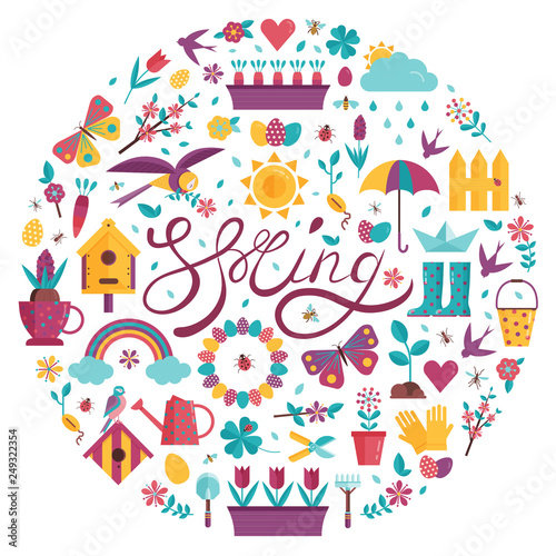 Love spring card with traditional symbols stylized in circle shape. Springtime and gardening decorative elements for print and greeting postcards. Birdhouse, watering can, birds and garden elements.