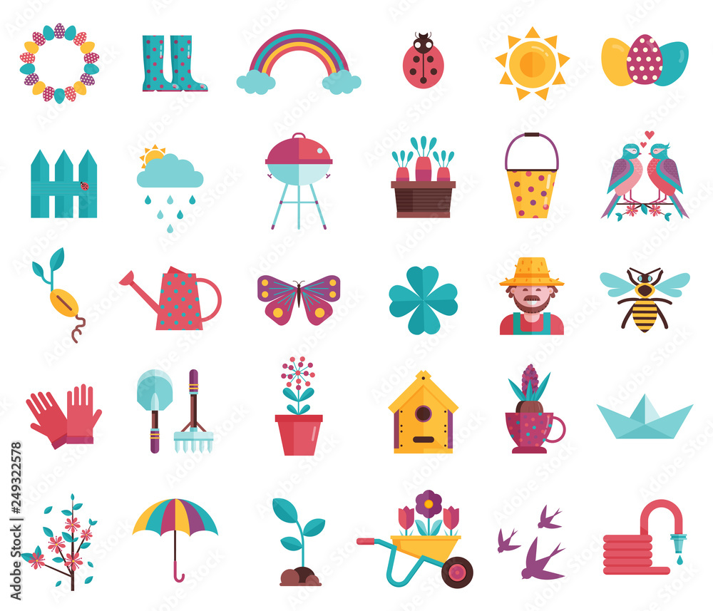 Spring icons set with gardening tools, plants, flowers, birds, insects and  easter decorations. Springtime elements collection with gardening  equipment, planting, growing and landscaping symbols. Stock Vector | Adobe  Stock