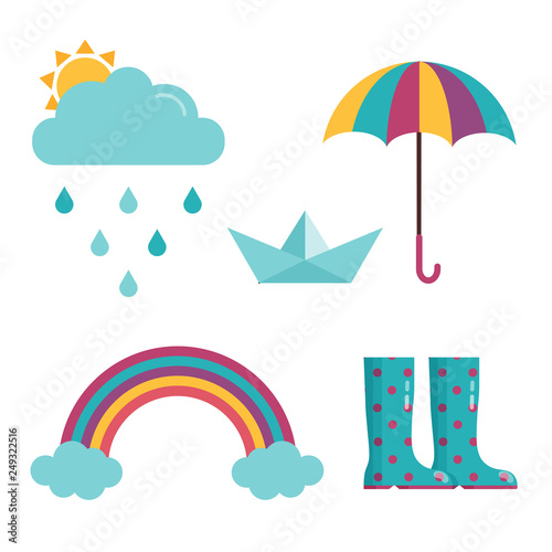 Spring rain icon set with sun behind cloud, drops, colored umbrella, rubber dotted gumboots, paper boat and rainbow in cartoon flat design. Rainy day icons.