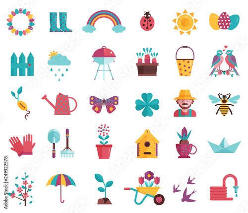 Spring icons set with gardening tools, plants, flowers, birds, insects and easter decorations. Springtime elements collection with gardening equipment, planting, growing and landscaping symbols.