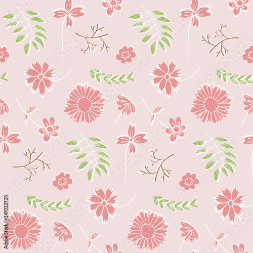 Tender summer floral seamless pattern with doodle pink flowers and green leaves on pastel red background. Trendy hand drawn plants texture for textile, wrapping paper, surface, wallpaper