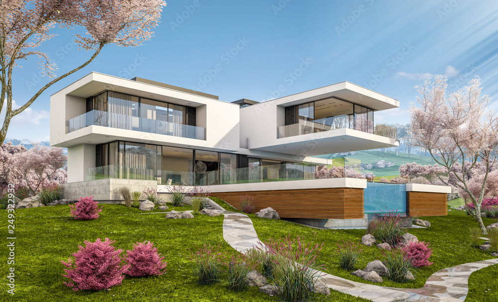 Fototapeta premium 3d rendering of modern cozy house by the river with garage. Fresh spring day with a blooming garden. For sale or rent with flowers of sakura on background