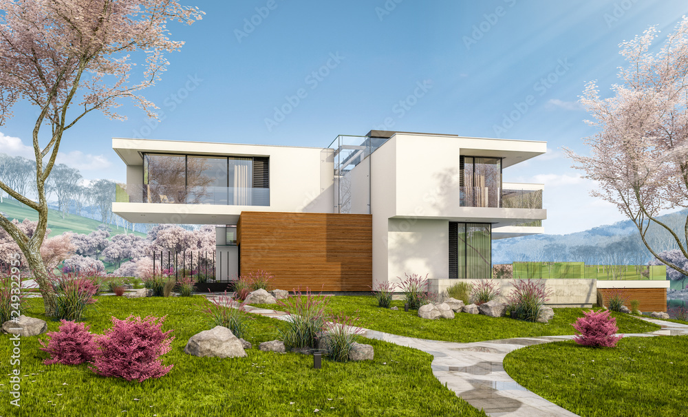 3d rendering of modern cozy house by the river with garage. Fresh spring day with a blooming garden. For sale or rent with flowers of sakura on background