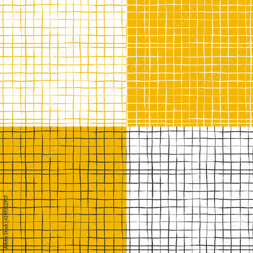 Set of seamless patterns. Hand drawn vector ink style. Lines and stripes. Checkered pattern.